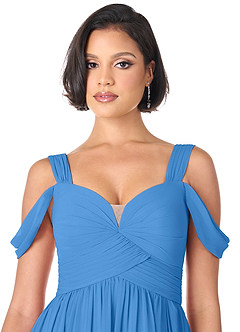 Azazie Lianne Robes de demoiselle d'honneur Robe Trapèze en Mousseline de soie Épaule décolletée Geai Bleu image5