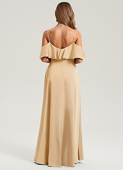 Azazie Jean Bridesmaid Dresses Gold A-Line Off the Shoulder Stretch Satin Dress image2