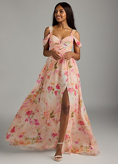 Azazie Lianne Jurken voor bruidsmeisjes Jurk van Chiffon met A-Lijn Off the Shoulder Abstract Boeket Bloemen image2