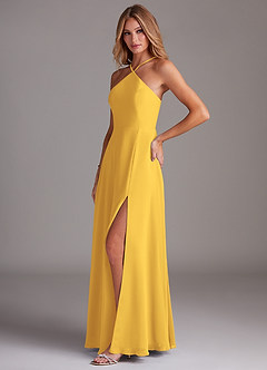 Azazie Bailey Bridesmaid Dresses Marigold A-Line Halter Side Slit Chiffon Dress image3
