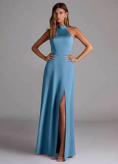 Azazie Myra Bridesmaid Dresses Steel Blue A-Line Side Slit Stretch Satin Dress image3