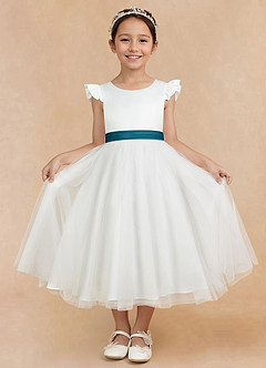 Azazie Hemi Flower Girl Dresses Ivory Ink Blue A-Line Bow Tulle Dress image3