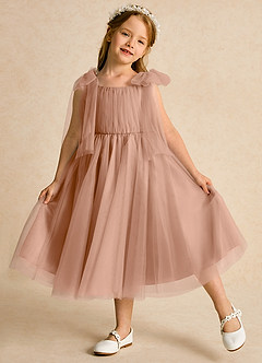 Azazie Dori Flower Girl Dresses Champagne Rose A-Line Ruched Tulle Dress image4