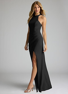 Azazie Galicia Bridesmaid Dresses Black Mermaid Halter Pleated Stretch Chiffon Dress image3