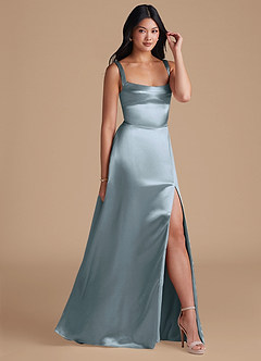 Azazie Hope Bridesmaid Dresses Dusty Blue A-Line with Pockets Metallic Satin Dress image1