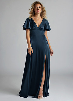 Azazie Kimber Brautjungfernkleider A-Linie Gestreift Stretch-Satin Kleid Dunkelmarine image3