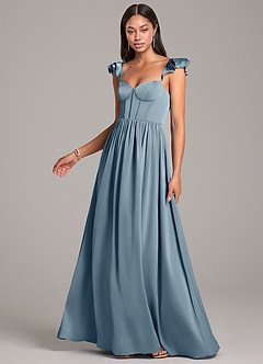 Azazie Denisse At-home Try On Dresses Dusty Blue A-Line Ruched Stretch Satin Dress image3