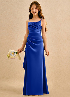Azazie Cannoli Girls Formal Robe Demoiselle D'honneur Fillette Robe Trapèze en Mat Satiné Plissée Bleu Roi image5