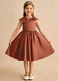 Azazie Acorn Flower Girl Dresses Auburn A-Line Pleated Matte Satin Dress image1