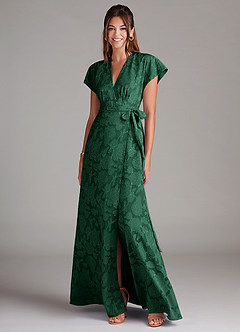 Azazie Ling Bridesmaid Dresses Dark Green A-Line Pleated Floral Burnout Dress image3