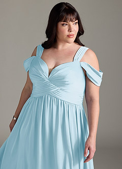 Azazie Lianne Bridesmaid Dresses Sky Blue A-Line Off the Shoulder Stretch Satin Dress image14