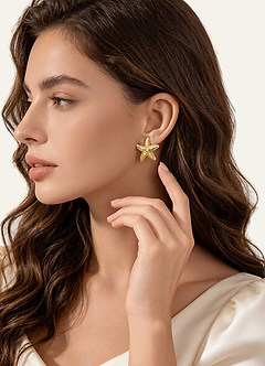 front Gold Starfish Pearl Stud Earrings