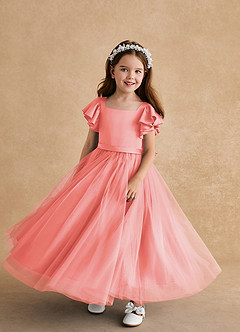 Azazie Suzy Flower Girl Dresses Coral A-Line with Sleeves Tulle Dress image4