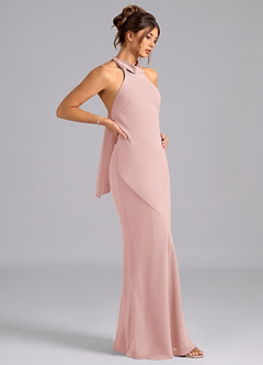 Azazie Velli Vestidos de damas de honor Vestido de Rosa Empolvado de Gasa de Corte Sirena con Cuello Alto image4