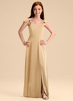 Azazie Everett Junior Vestido de Oro de Satén Elástico de Corte en A con Lazo image7