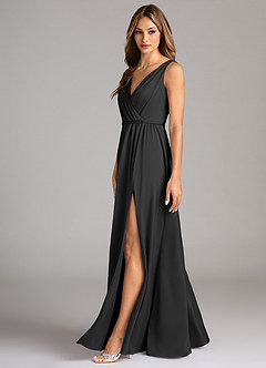 Azazie Tanicia Bridesmaid Dresses Black A-Line Pleated Stretch Satin Dress image5
