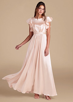 Azazie Daphne Modest Bridesmaid Dresses A-Line Ruched Metallic Satin Floor-Length Dress image1