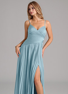 Azazie Vini Robes de demoiselle d'honneur Robe Trapèze en Satin extensible Plissée Bleu Maussade image2
