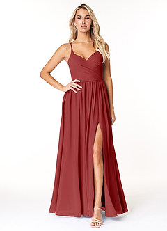 Azazie Dominic Bridesmaid Dresses Rust A-Line V-Neck Pleated Chiffon Dress image1