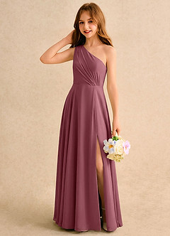 Azazie Puddles Girls Formal Robe Demoiselle D'honneur Fillette Robe Trapèze en Mousseline de soie Asymétrique Rose Du Désert image3