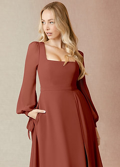 Azazie Leonia Bridesmaid Dresses Auburn A-Line Long Sleeve Chiffon Dress image6
