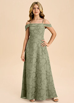 Azazie Anselie Junior Pistachio A-Line Off the Shoulder Floral Burnout Dress image3