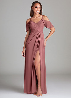 Azazie Dakota Bridesmaid Dresses Desert Rose A-Line Off the Shoulder Mesh Dress image1