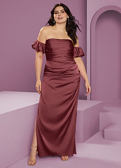 Barbie ♥ Azazie Bridesmaid Dresses Merlot Sheath Off the Shoulder Stretch Satin Convertible Dress image10
