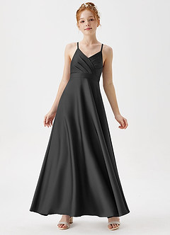 Azazie Avelina Junior Black A-Line Pleated Stretch Satin Dress image1