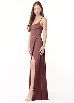Azazie Halsey Bridesmaid Dresses Vintage Mauve Sheath Side Slit Stretch Satin Dress image4