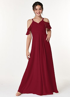 Azazie Dakota Junior Burgundy A-Line Off the Shoulder Chiffon Dress image1