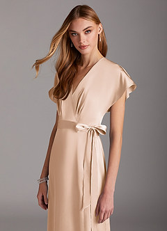 Azazie Nico Bridesmaid Dresses Blushing Pink A-Line V-Neck Stretch Satin Dress image6