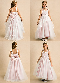 Azazie Darlina Robe Demoiselle D'honneur Fillette Robe Princesse en Tulle Dentelle Ivoire Rose Rougissant image2