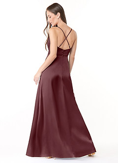 Azazie Naomie Final Sale Sangria A-Line Cowl Neckline Side Slit Stretch Satin Dress image2