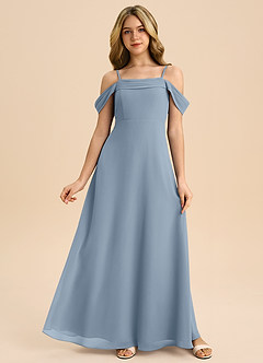 Azazie Anselie Junior Robe Trapèze en Mousseline de soie Épaule décolletée Bleu Poussiéreux image1