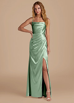 Azazie Marzia Robes de demoiselle d'honneur Robe Sirène en Satiné métallisé Plissée Matcha image1