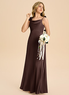 Azazie Gumdrop Junior 엠파이어 주름진 스트레치 새틴 플로어 길이 주니어 신부 들러리 드레스 image4