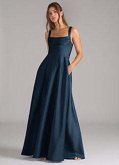 Azazie Shaude Bridesmaid Dresses Dark Navy A-Line Pleated Stretch Satin Dress image5