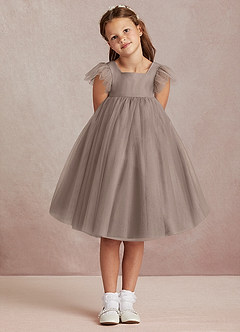 Azazie Kalio Flower Girl Dresses Taupe A-Line with Sleeves Tulle Dress image2