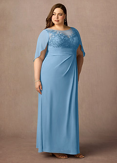 Azazie Hera vestidos de madre de la novia Vestido de Azul Acero de Gasa de Corte En A con Capa de encaje image10