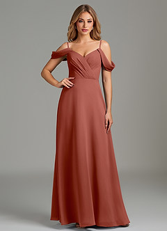 Azazie Julianne Bridesmaid Dresses Auburn A-Line Off the Shoulder Chiffon Dress image6