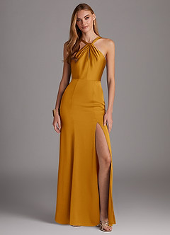 Azazie Elana Abiti da Damigella Abito Tubino in Raso Elasticizzato Spacco Laterale Caramello image1