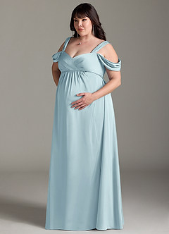 Azazie Rhea Robes de demoiselle d'honneur de maternité Robe Trapèze Épaule nue plissée Longueur ras du sol Satin extensible image4