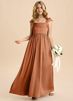 Azazie Hattie Junior Copper A-Line Pleated Stretch Satin Dress image4