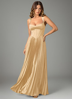 Azazie Avenelle Bridesmaid Dresses Gold A-Line Corset Stretch Satin Dress image1