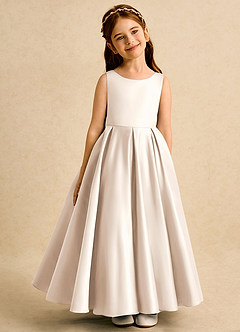 Azazie Pepper Flower Girl Dresses White Alabaster A-Line Pleated Matte Satin Dress image2