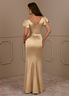 Azazie Roya Mother of the Bride Dresses Champagne Mermaid V-Neck Pleated Stretch Satin Dress image4