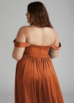 Azazie Morana Bridesmaid Dresses Cinnamon A-Line Off the Shoulder Stretch Satin Convertible Dress image18