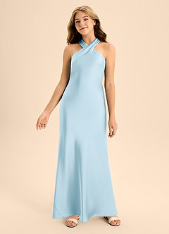 Azazie Doretta Junior Vestido de Azul Cielo de Satén Elástico de Corte En A con Plisado image4
