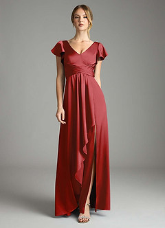Azazie Omari Bridesmaid Dresses Pomegranate A-Line Stretch Satin Dress image3
